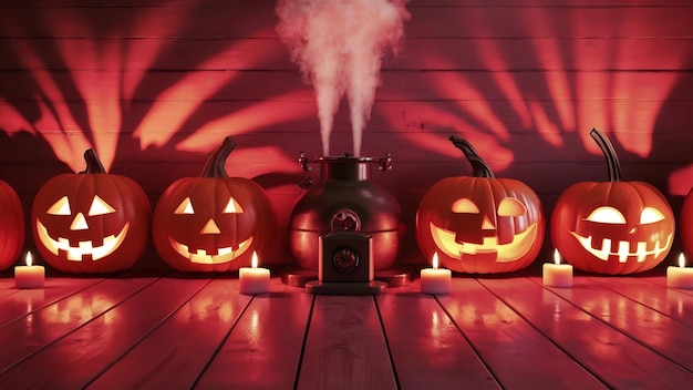 calabazas talladas tradicionales de Halloween caldera pequeña y velas en el suelo de madera