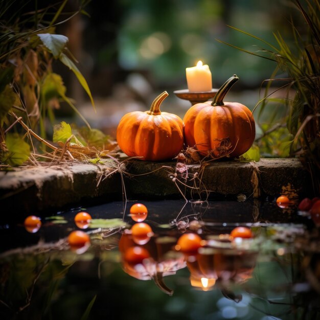 Calabazas con vibraciones de Halloween en un estanque