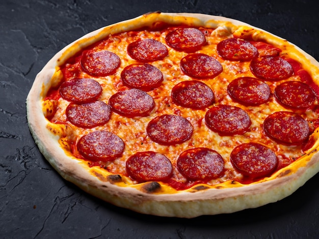 Calabresa de pizza italiana tradicional com salame e queijo em um metal de pedra ardósia escura ou concreto