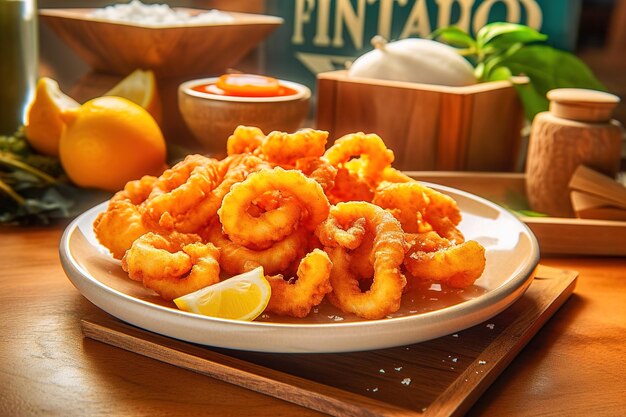 Foto calamara frita em pão com limão