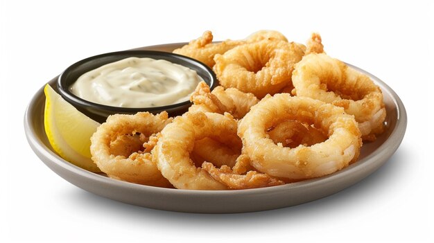 Calamares a la Romana anéis de lulas levemente pulverizados em farinha temperada e fritos até uma perfeita crocante dourada apresentados em um prato com pedaços de limão fresco e um lado de aioli cremoso para mergulhar