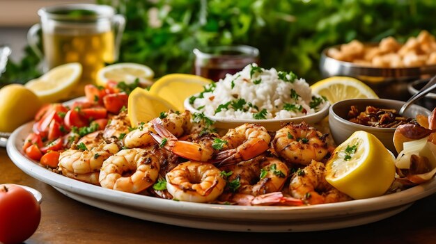 Calamares y camarones a la parrilla servidos con ralladura de limón y adornados con ensalada fresca AI Generativa