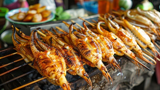 Calamares frescos a la parrilla en una tienda callejera a lo largo de la costa en Tailandia