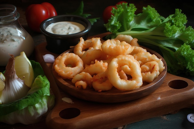 Calamares fritos con salsa mahonesa sobre tabla de madera y verduras frescas IA generativa