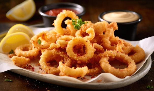 Calamari a la parrilla con deliciosas especias en la mesa