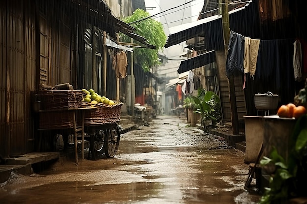 Calas encharcadas de chuva num mercado movimentado