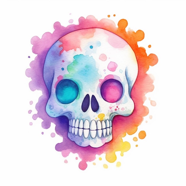 Foto calavera de acuarela con colores coloridos sobre un fondo blanco.