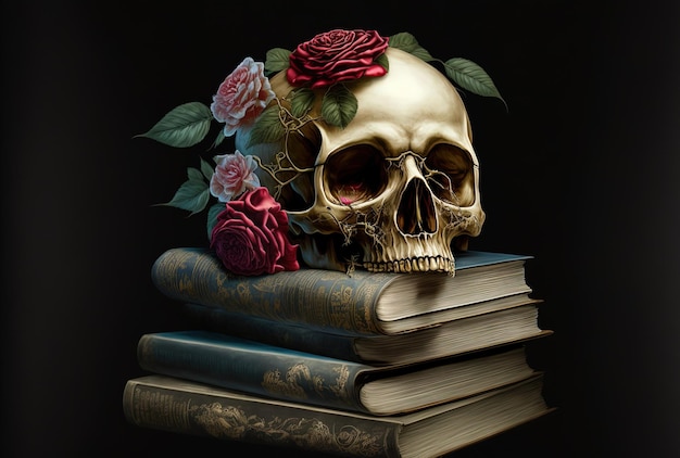 Calavera adornada con rosas en libros