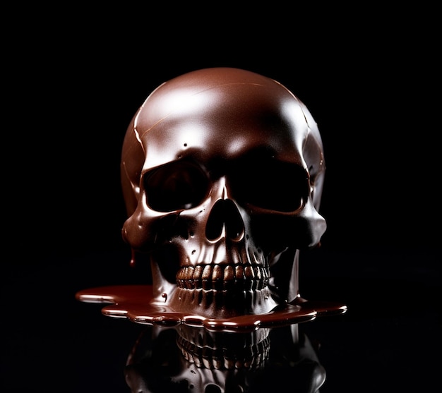 Calavera de araffe con chocolate derretido sobre una superficie negra generativa ai