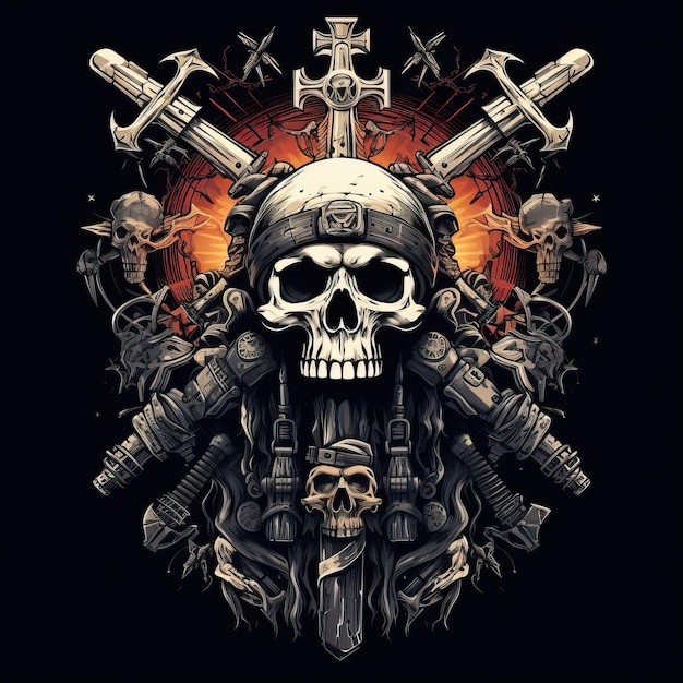 calavera con armas calavera y cruz al estilo del realismo militarista imagen retro rock hd