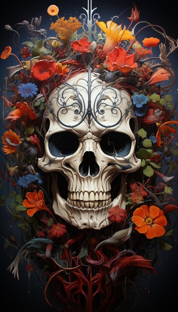 Calavera con arte de ilustración de flores.