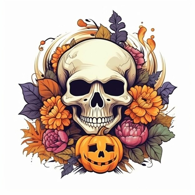 Foto calavera aterradora de halloween con calabaza naranja