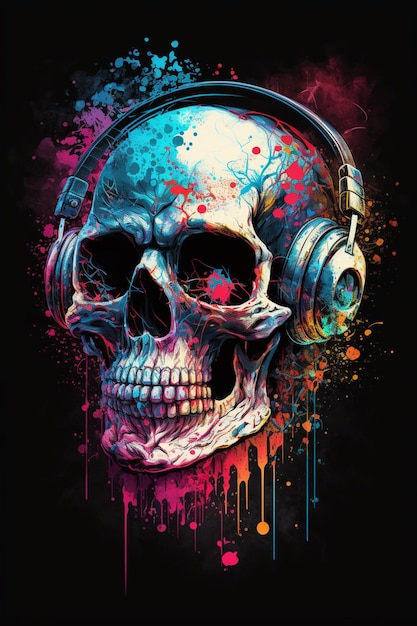 Una calavera con auriculares.