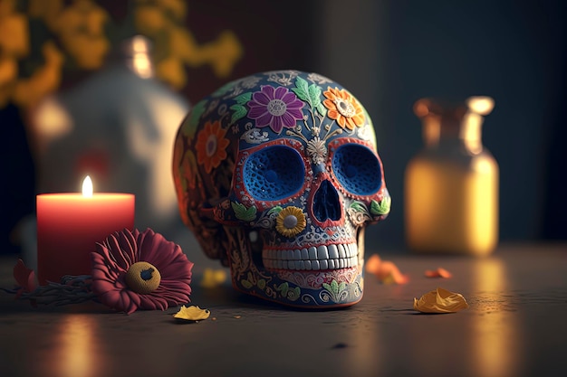 Calavera de azúcar adornada con flores vibrantes Catrina Calavera Día de Muertos Día de Muertos IA Generativa