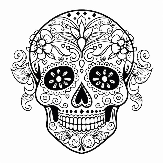 una calavera de azúcar en blanco y negro con diseños florales ai generativo