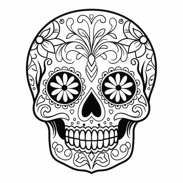 una calavera de azúcar en blanco y negro con diseños florales ai generativo