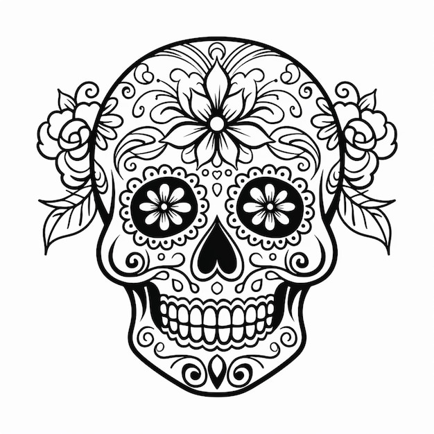 una calavera de azúcar en blanco y negro con flores ai generativa