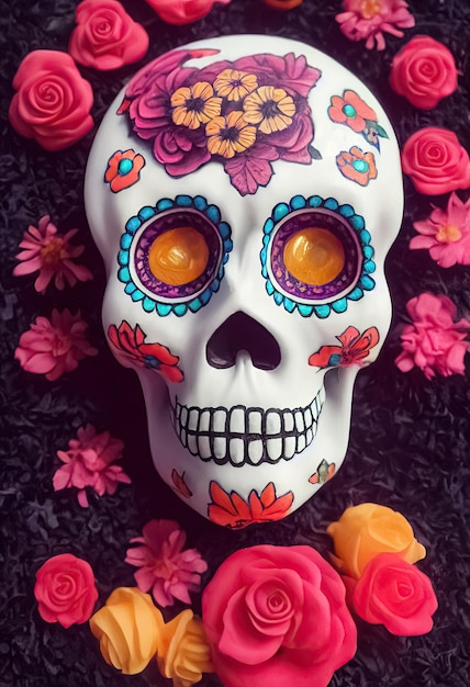 Calavera de azúcar Calavera tradicional decorada con flores El día de los muertos Ilustración 3D