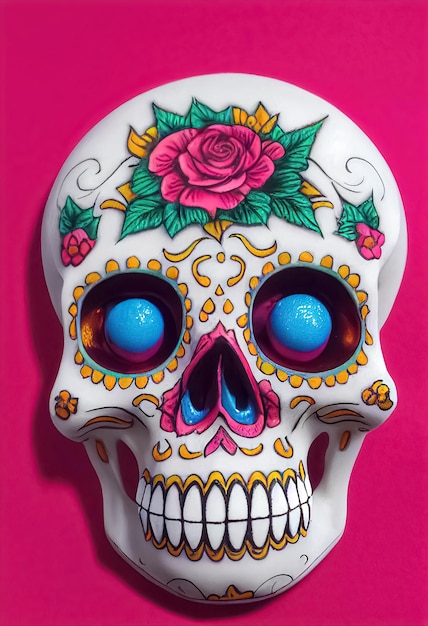 Calavera de azúcar Calavera tradicional decorada con flores El día de los muertos Ilustración 3D