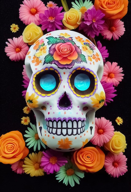 Calavera de azúcar Calavera tradicional decorada con flores El día de los muertos Ilustración 3D