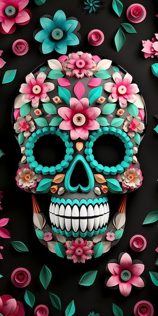 calavera de azúcar con una cruz en la frente fondo floral sin costuras