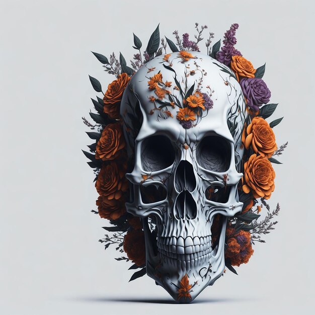 Calavera de azúcar decorada con ilustración de flores.