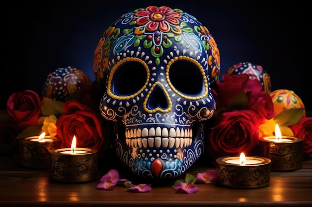 Calavera de Azúcar del Día de Muertos con flores y velas IA generativa