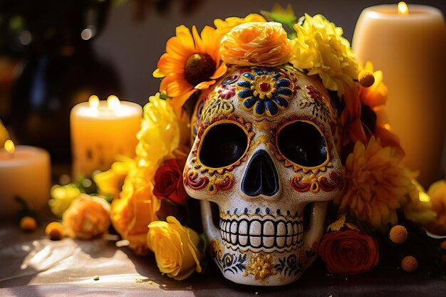 Calavera de Azúcar para el Día de Muertos Mexicano con adornos