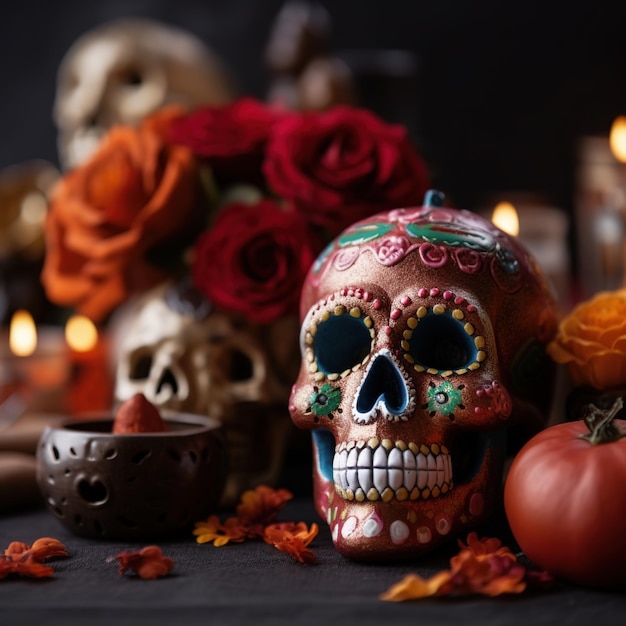 Calavera de azúcar de fiesta del día muerto o fiesta de halloween Ai Generated