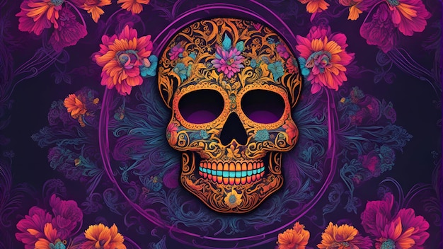 Calavera de azúcar mexicana con fondo de adorno floral Día de los muertos Ilustración vectorial