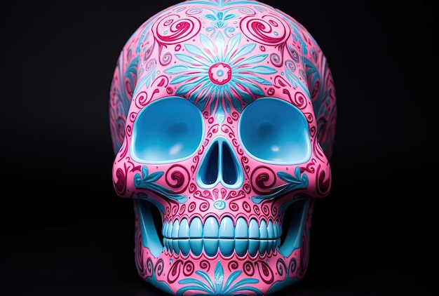 una calavera de azúcar mexicana con una pequeña flor rosa al estilo de figuras de tamaño natural