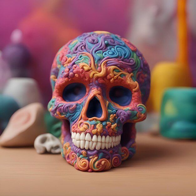 Foto calavera de azúcar mexicana sobre fondo colorido día de los muertos