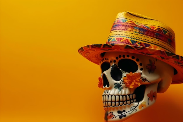 Calavera de azúcar mexicana con sombrero y sombrero sobre fondo amarillo con copyspace