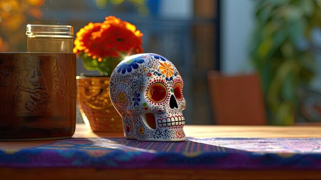 Calavera de azúcar o catrina en un patio antiguo