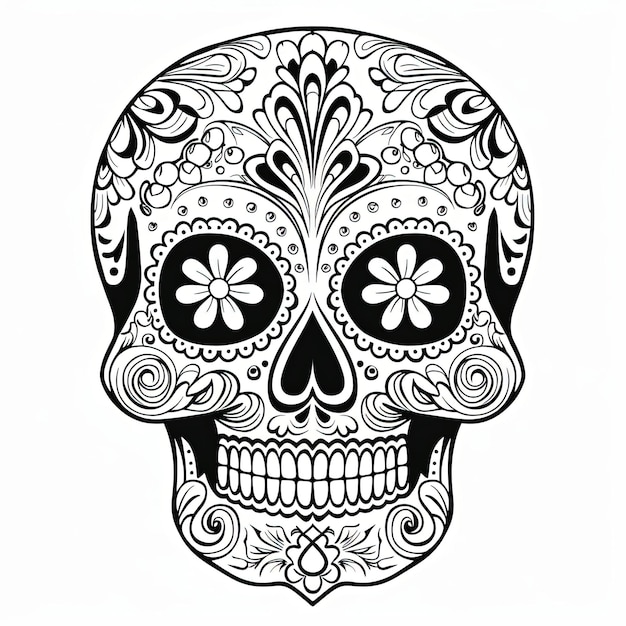 Calavera de azúcar con patrones sobre un fondo blanco.