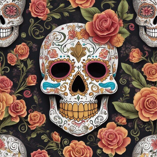 Calavera de azúcar tradicional decorada con flores la ilustración 3D del Día de los muertos