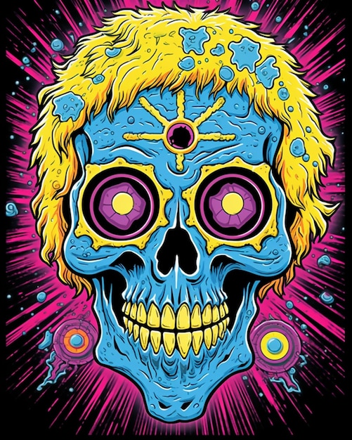 una calavera azul con cabello amarillo y una peluca amarilla ai generativo