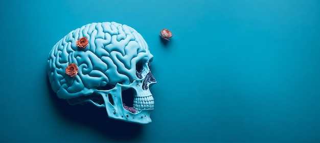 Una calavera azul con un cerebro en ella.