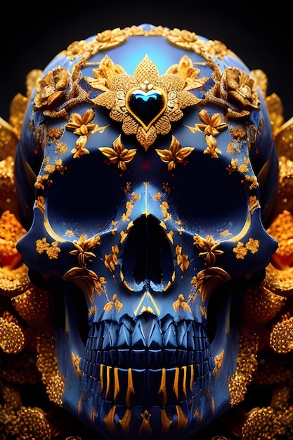 Una calavera azul con flores doradas y hojas.