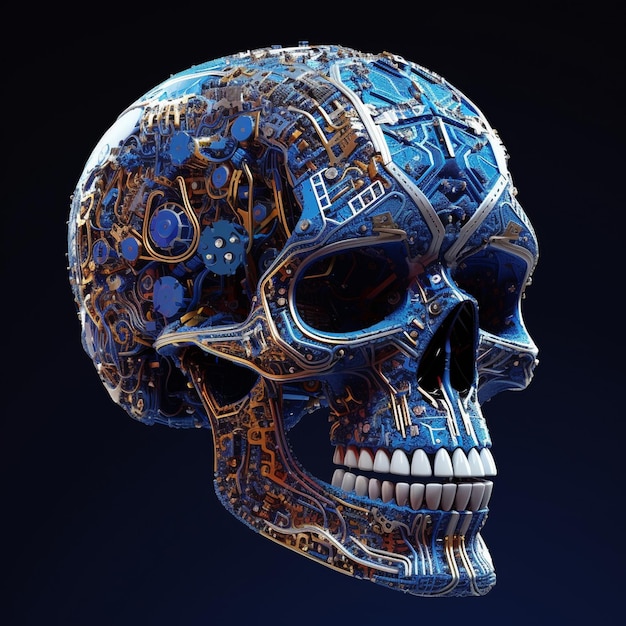 Una calavera azul con muchos engranajes