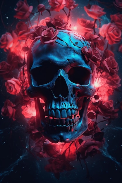 Una calavera azul con rosas rojas.