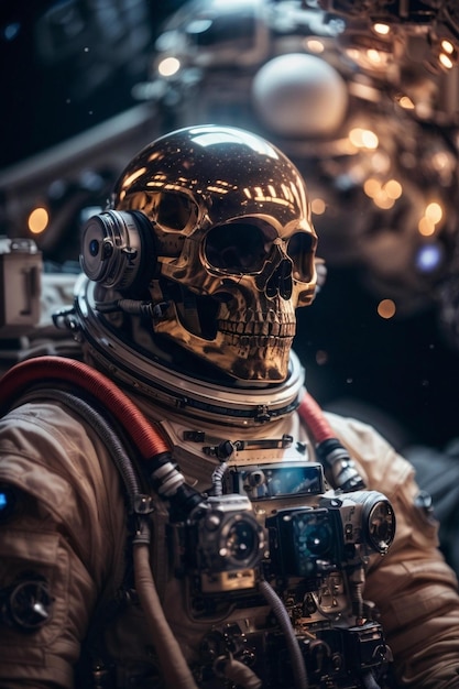 una calavera y una calavera están en un traje espacial.