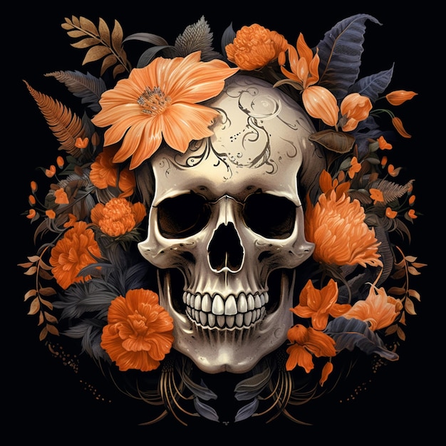 Una calavera con una calavera y flores.