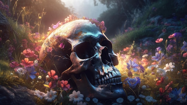 Una calavera en un campo de flores.