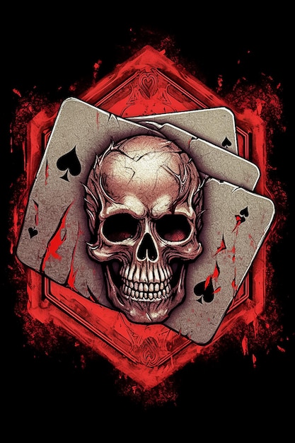 Calavera con cartas sobre fondo negro Juego de póquer con muerte generada por Ai