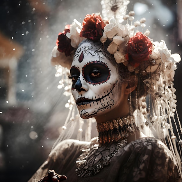 Foto calavera catalina símbolo del día de muertos en méxico retrato de una mujer con calavera de azúcar