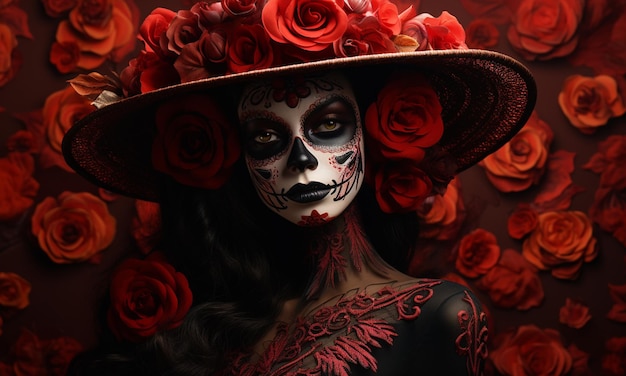 Calavera Catrina Porträt einer Frau mit Zuckerschädel-Make-up über rotem Hintergrund, Halloween-Kostüm