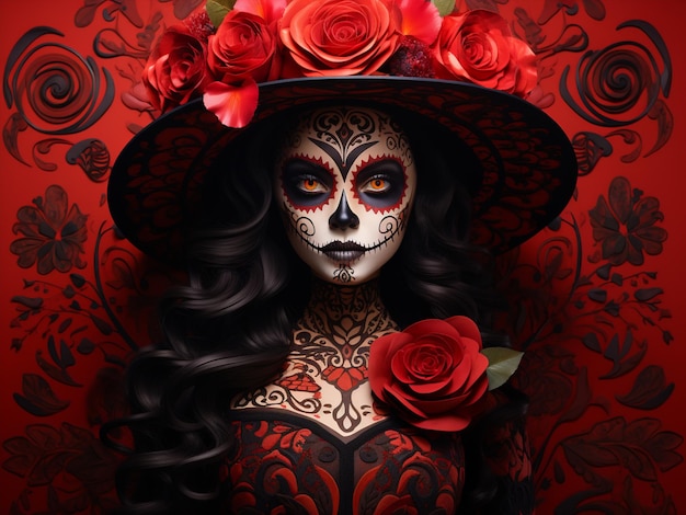 Calavera Catrina Porträt einer Frau mit Zuckerschädel-Make-up vor rotem Blumenhintergrund