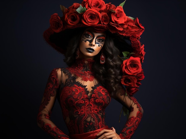 Calavera Catrina Porträt einer Frau mit Zuckerschädel-Make-up vor rotem Blumenhintergrund