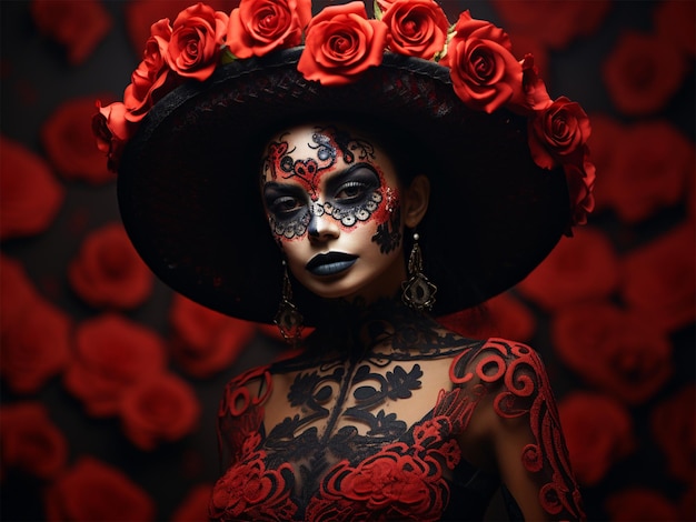 Calavera Catrina Retrato de uma mulher com maquiagem de caveira de açúcar sobre fundo de flor de flores vermelhas